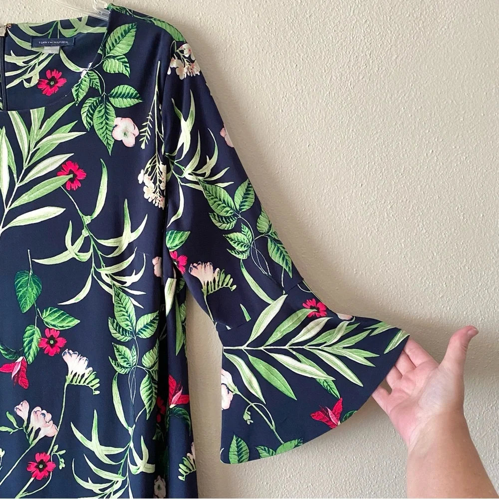 Tommy Hilfiger Floral Bell Sleeve Sky Captain Fern Blue Green Dress Size 16 - Picture 4 of 16